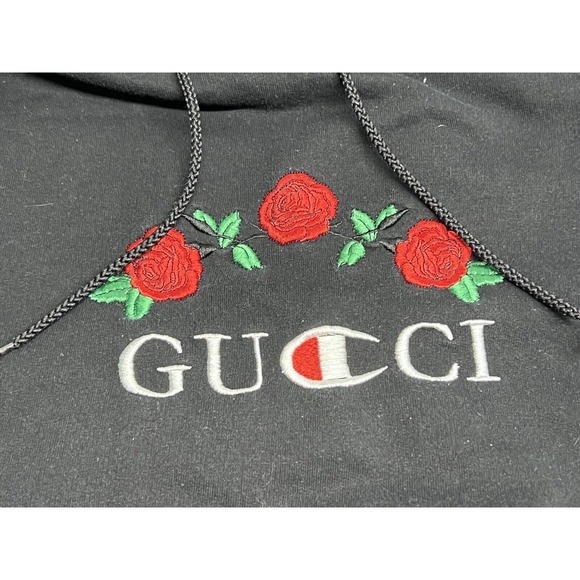 Vintage‎ Champion Eco Hoodie Y2K Foo Foo Embroidered Roses Black Mens Sz L - Picture 3 of 9